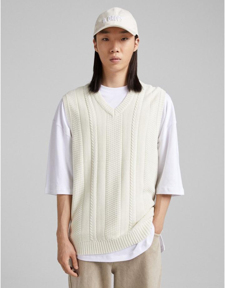 Bershka Knitted Sweater Vest In Beige Cable-neutral