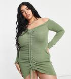 Fashionkilla Plus Knit Ruched Detail Off-the-shoulder Dress In Stone-neutral