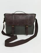 Asos Design Satchel In Khaki And Brown Faux Leather With Double Straps - Green