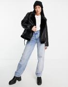 Topshop Faux Shearling Aviator Jacket With Faux Fur Lining In Black