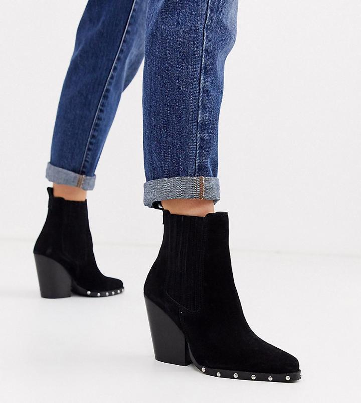 Asos Design Wide Fit Relative Suede Studded Heeled Western Boots In Black