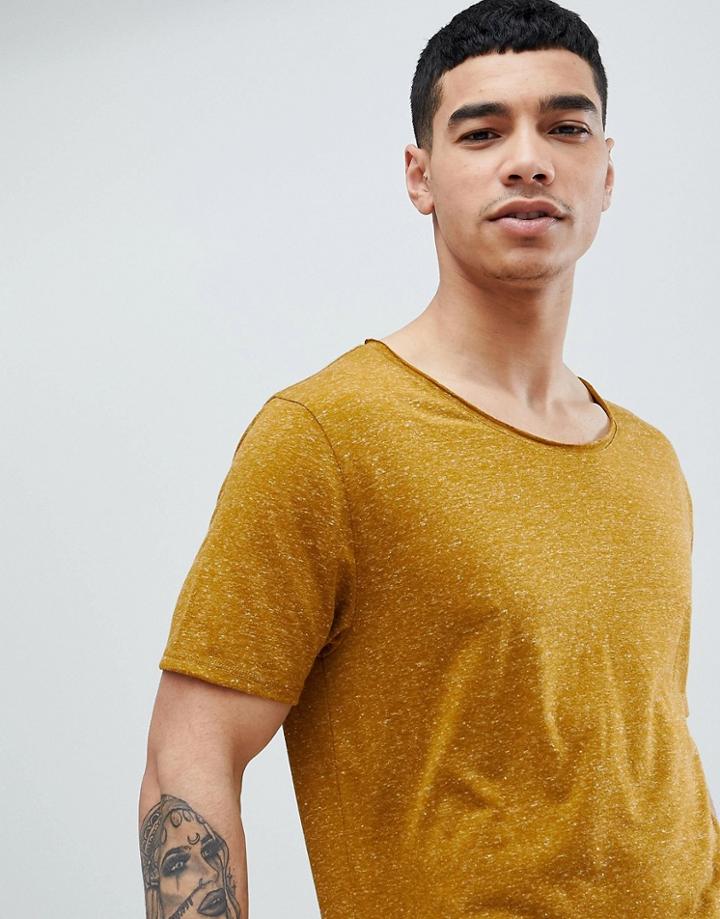 Asos Design Relaxed Longline T-shirt With Raw Scoop Neck And Curve Hem In Linen Mix In Green - Green