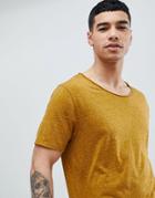Asos Design Relaxed Longline T-shirt With Raw Scoop Neck And Curve Hem In Linen Mix In Green - Green
