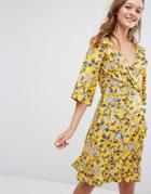 Monki Ditsy Floral Print Ruffle Wrap Dress - Yellow