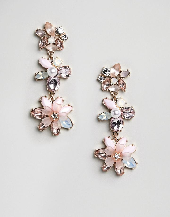 Asos Triple Flower Jewel Drop Earrings - Gold
