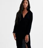 Asos Design Tall Midi Dress With Batwing Sleeve And Wrap Waist In Velvet-black