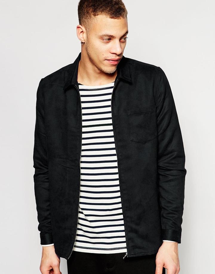 Asos Suedette Shirt With Zips In Long Sleeve - Black