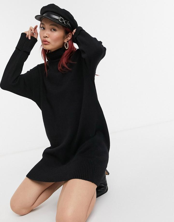 River Island Cozy Roll-neck Mini Sweater Dress In Black