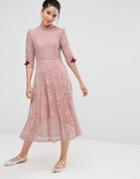 Sister Jane Lace Midi Dress With Crochet Fastenings - Pink