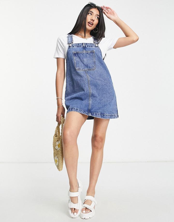 Monki Relaxed Mini Pinafore Dress In Blue Denim