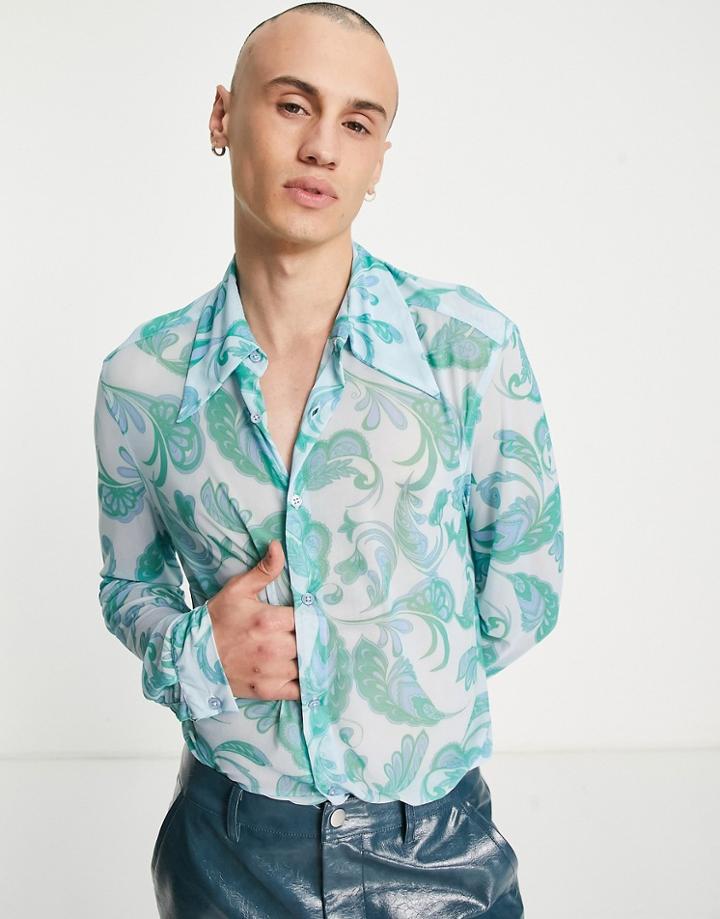 Asos Design Satin Shirt With Ruffle Front In Recycled Polyester In White - White-blue