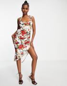Asos Design Cowl Neck Pencil Midi Dress In Cream Floral Print-multi