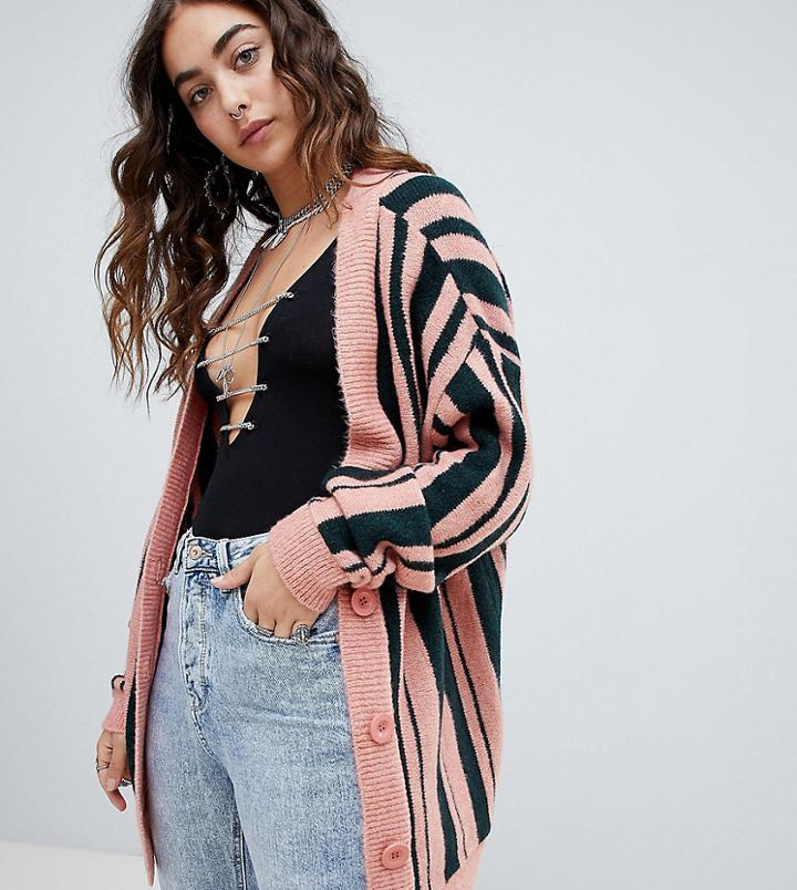 Sacred Hawk Boyfriend Cardigan In Stripe - Pink