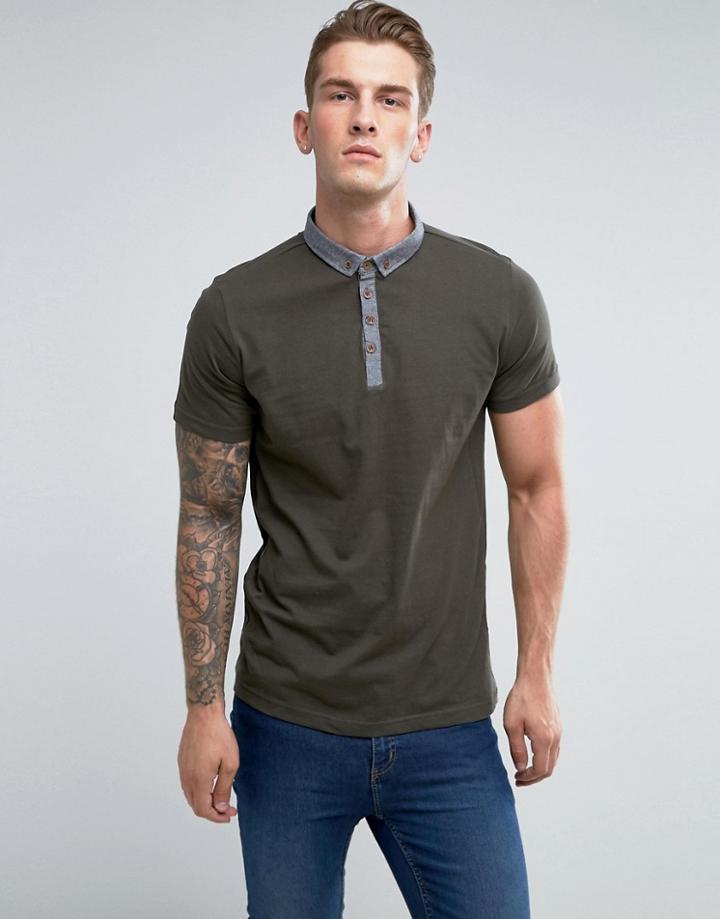 Brave Soul Contrast Chambrey Collar Polo - Green