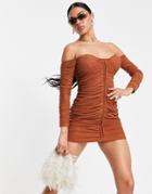Femme Luxe Off Shoulder Ruched Detail Long Sleeve Mini Body-conscious Dress In Chocolate-brown