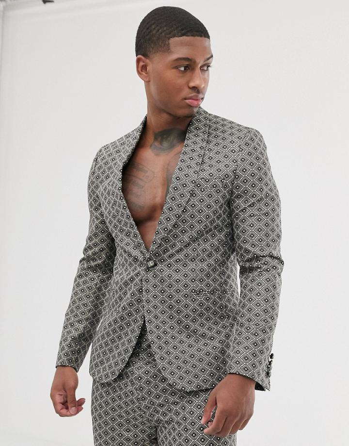 Asos Design Slim Tuxedo Jacket In Gold Jacquard With Velvet Lapel