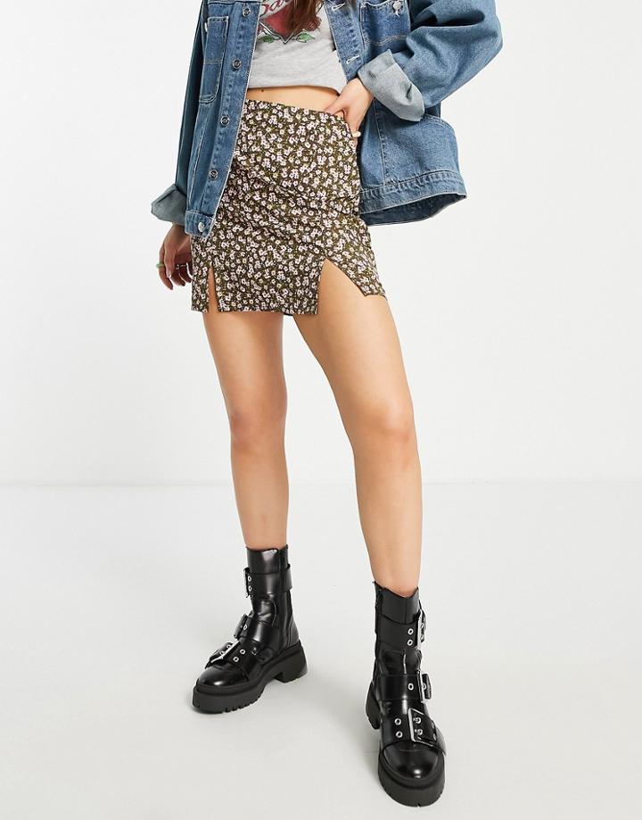 Daisy Street Mini A-line Skirt With Thigh Slit In Grunge Ditsy Floral-brown