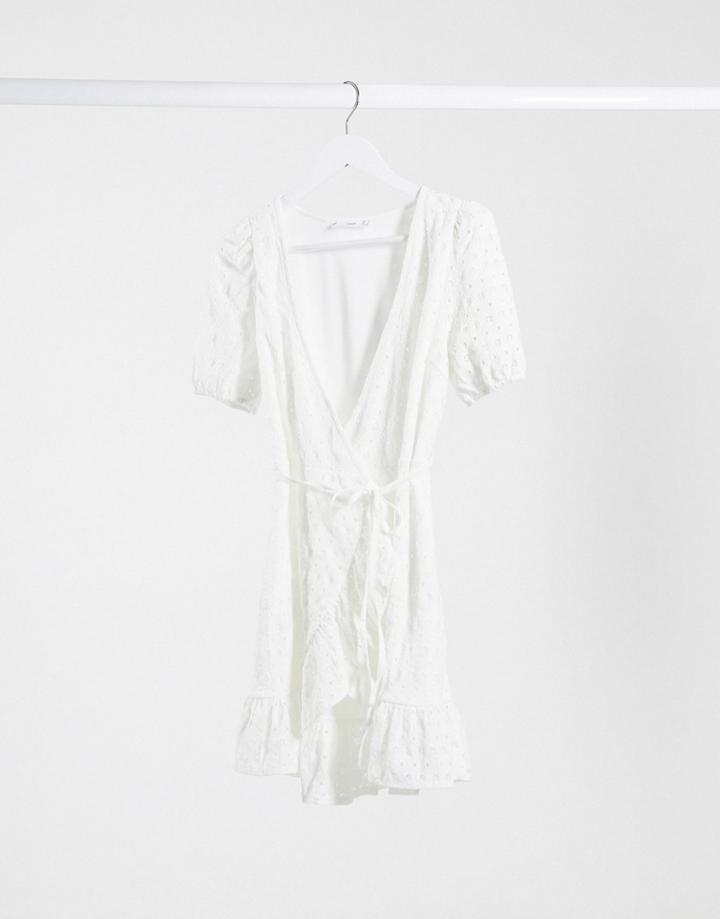 Mango Wrap Detail Mini Dress In White Eyelet