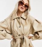 Asos Design Petite Faux Leather Jacket With Sleeve Drama In Putty-white