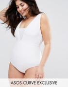 Asos Curve Mesh Insert Supportive Swimsuit - White