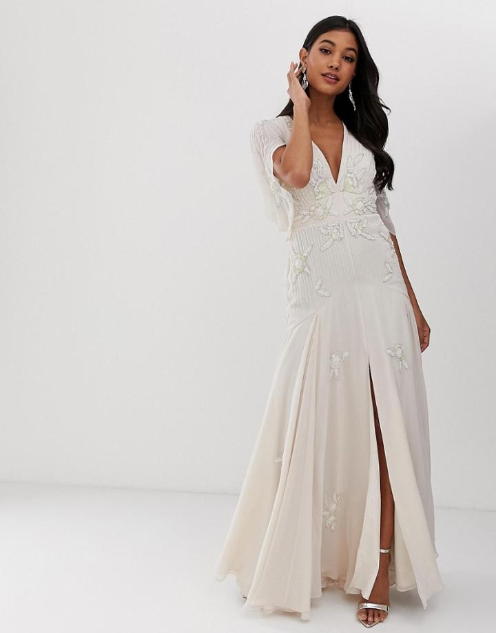 Asos Design Maxi Dress With Linear Sequin And Yellow Floral Beading - Multi