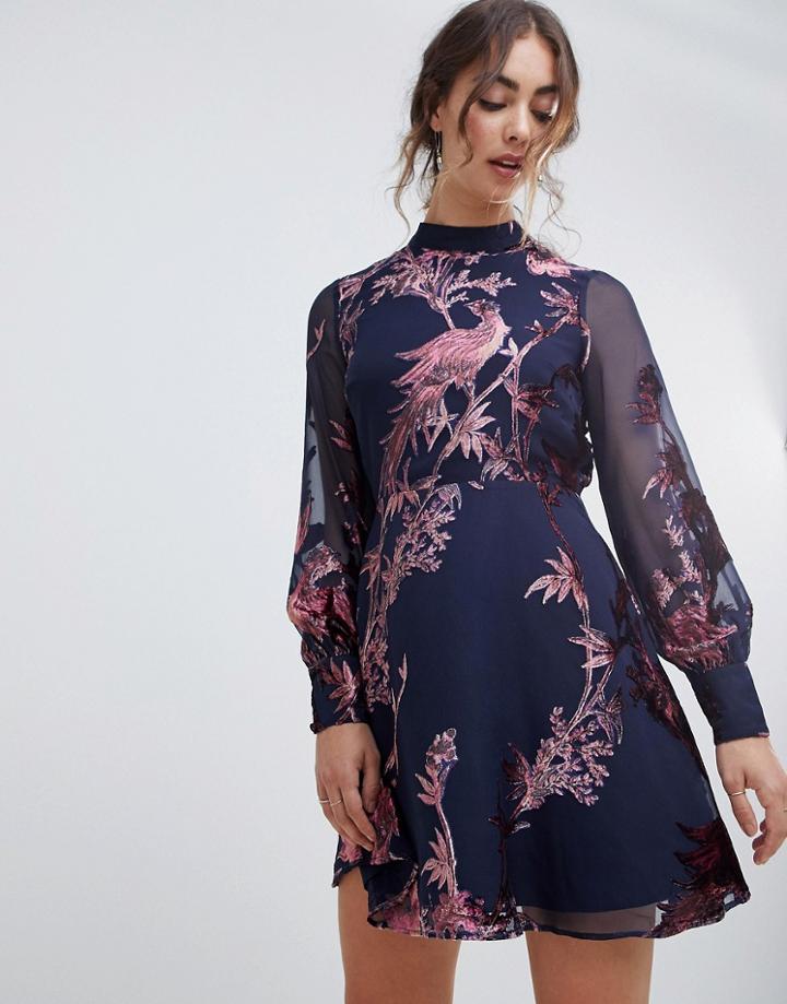Hope & Ivy Long Sleeve Velvet Devore Open Back Mini Dress In Bird Print - Navy