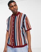 Topman Knit Multi Stripe Textured Button Through Polo