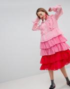 Sister Jane Tiered Midi Dress With Ruffle Front In Ombre - Pink