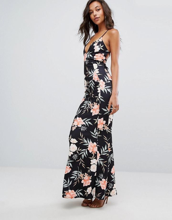 Missguided Cross Back Floral Plunge Maxi Dress - Multi