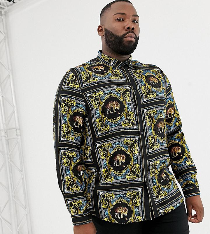 Asos Design Plus Regular Fit Baroque Leopard Print Placement Print Shirt. - Blue