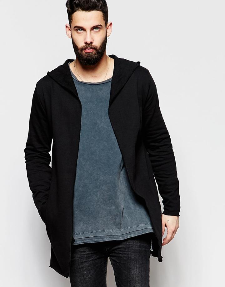 Asos Super Longline Hooded Jersey Cardigan In Black - Black