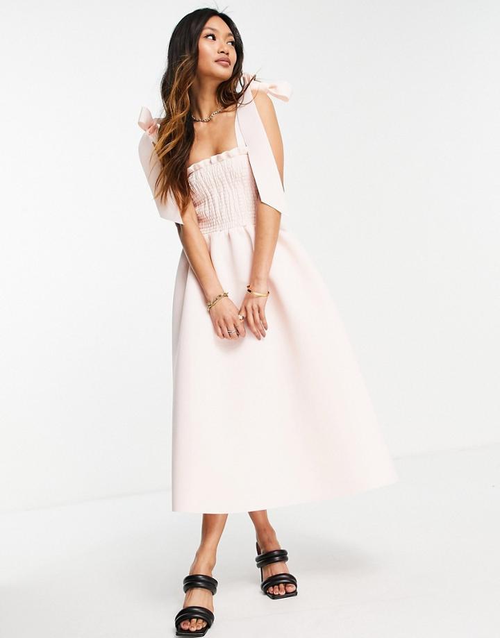 Asos Design Shirred Bunny Tie Prom Midi Dress In Blush-neutral