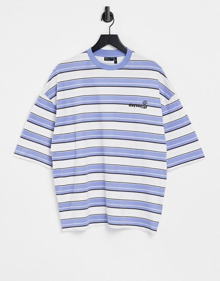 Asos Daysocial Oversized T-shirt With All Over Stripe And Logo Print In Blue-blues