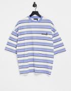 Asos Daysocial Oversized T-shirt With All Over Stripe And Logo Print In Blue-blues