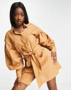 Asos Design Tuck Sleeve Belted Shirt Dress In Light Brown
