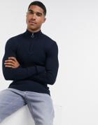 Brave Soul 100% Cotton Half Zip Funnel Neck Knit Muscle Fit Rib-navy