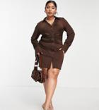 Public Desire Curve Gathered Shirt Dress In Brown