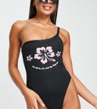 Collusion Recycled One Shoulder Swimsuit With Hibiscus Print In Black