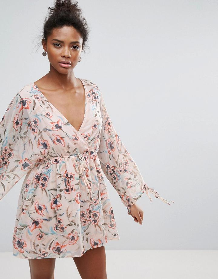 Crescent Floral Print Dress With Short Underlay - Cream
