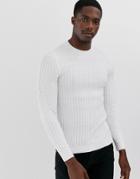 Asos Design Muscle Fit Cable Knit Sweater In White - White