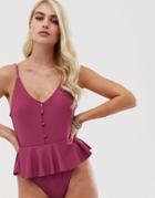 Boohoo Button Through Swimsuit With Frill Peplum Hem In Dark Rose - Pink