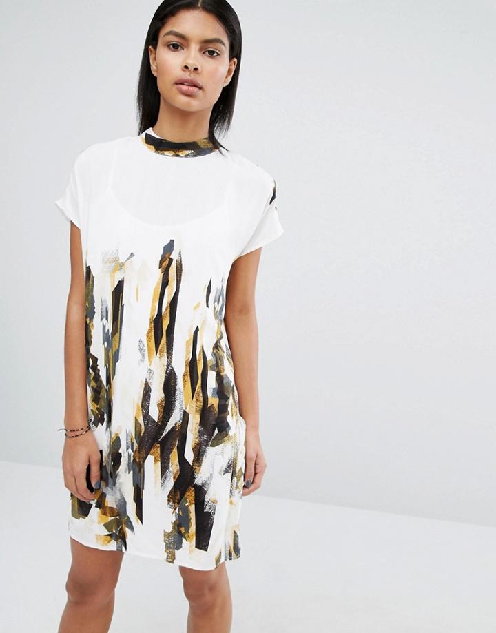 Vila High Neck Printed Shift Dress - White