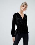 Asos Design Long Sleeve Velvet Wrap Top With Hot Fix-black