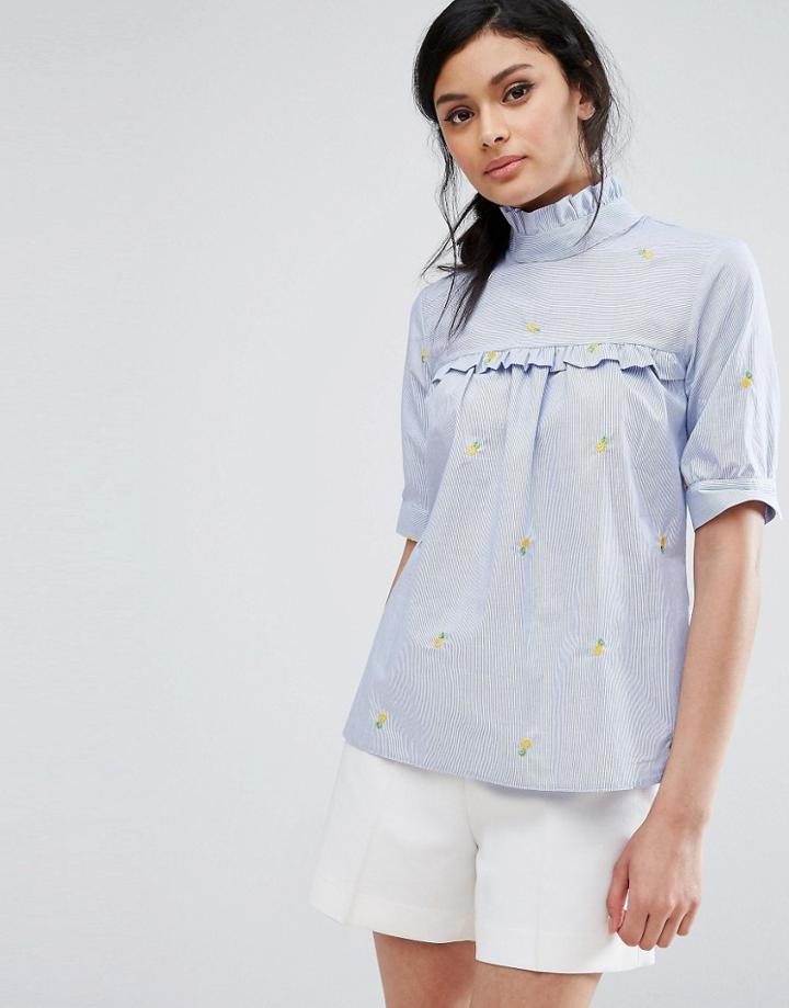 Closet London High Neck Top With Frill And Embroidered Pineapples - Blue