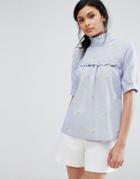 Closet London High Neck Top With Frill And Embroidered Pineapples - Blue