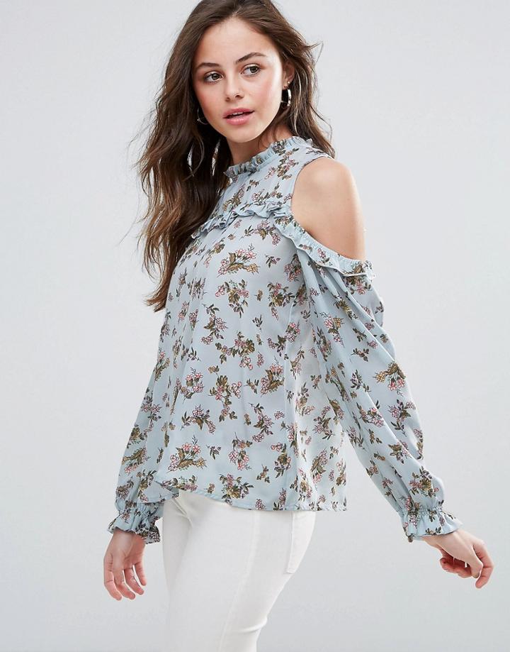 Qed London Cold Shoulder Floral Top - Blue