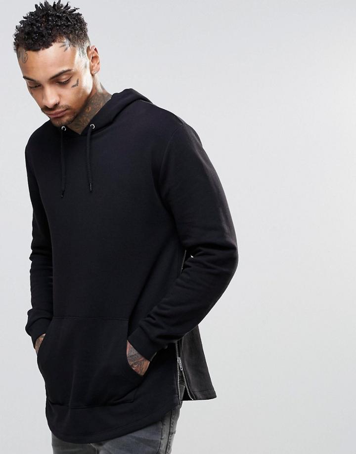 Asos Longline Zip Hoodie With Curved Hem - Black