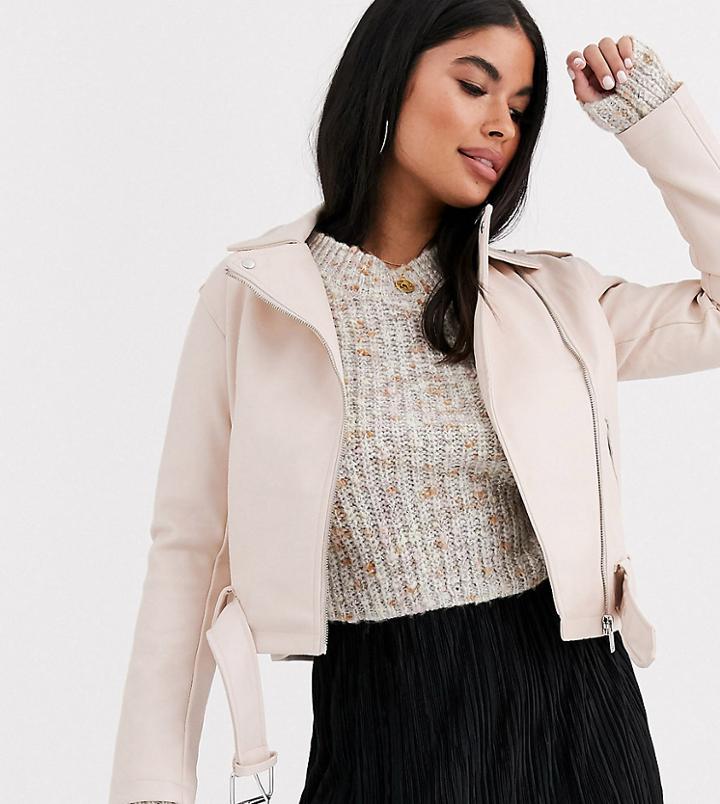 New Look Petite Leather Look Biker Jacket In Light Pink