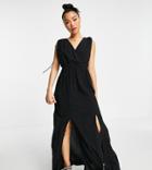 Asos Design Petite Gathered Detail Maxi Beach Dress In Black