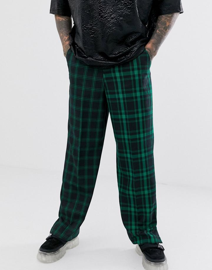 Asos Design Wide Leg Smart Pants In Navy With Contrast Green Checks
